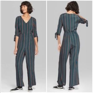 Wild Fable Womens Jumpsuit Size M Multicolor Striped V-Neck 3/4 Sleeves Zippered